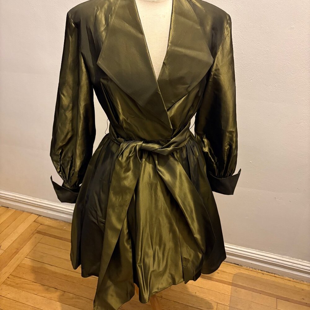 Vintage 80s Andrea Jovine wide lapel wrap belted cocktail dress in broze taffeta